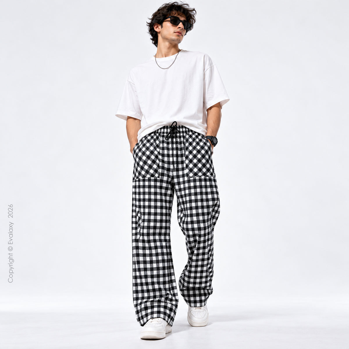 Black & White Gingham Check Wide Leg Pants For Men And Women