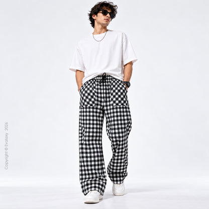 Black & White Gingham Check Wide Leg Pants For Men And Women
