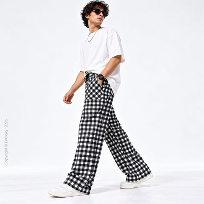 Black & White Gingham Check Wide Leg Pants For Men And Women