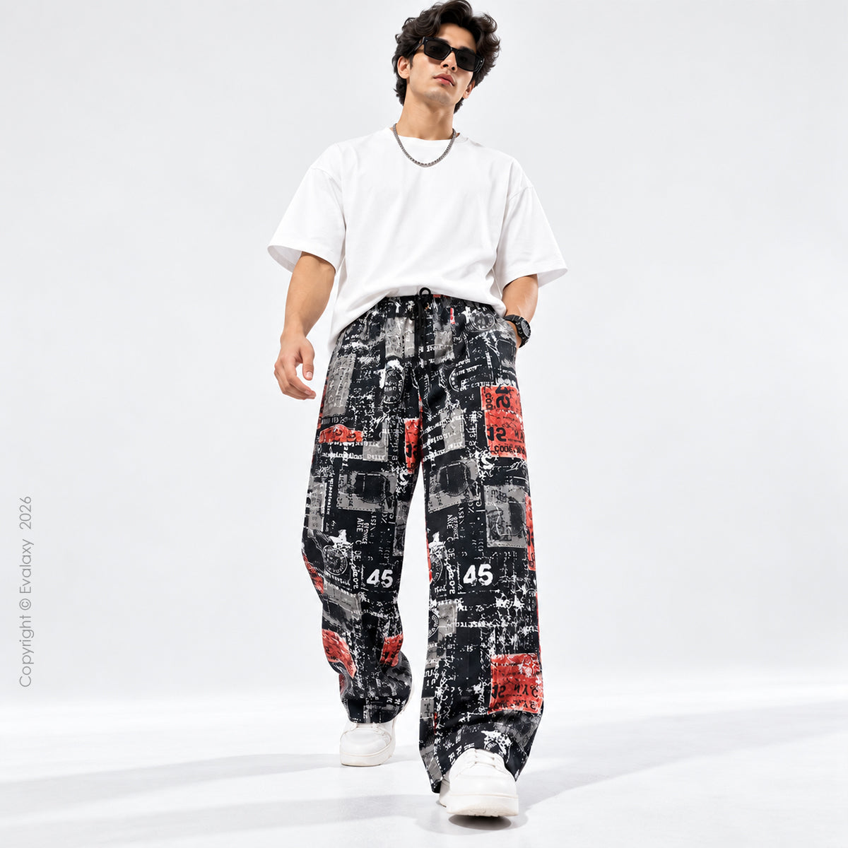 Black Red Graphic Print Wide Leg Pants For Men And Women