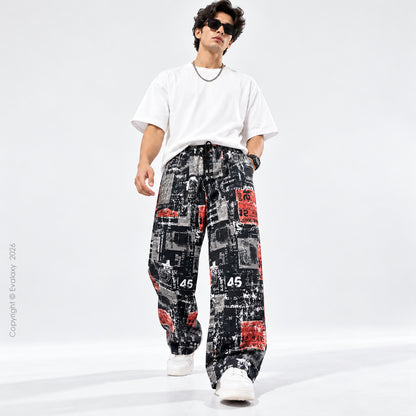 Black Red Graphic Print Wide Leg Pants For Men And Women