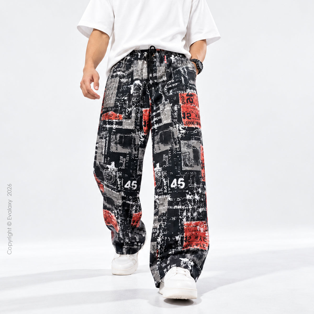 Black Red Graphic Print Wide Leg Pants For Men And Women