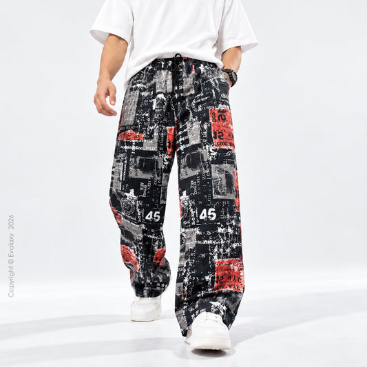 Black Red Graphic Print Wide Leg Pants For Men And Women
