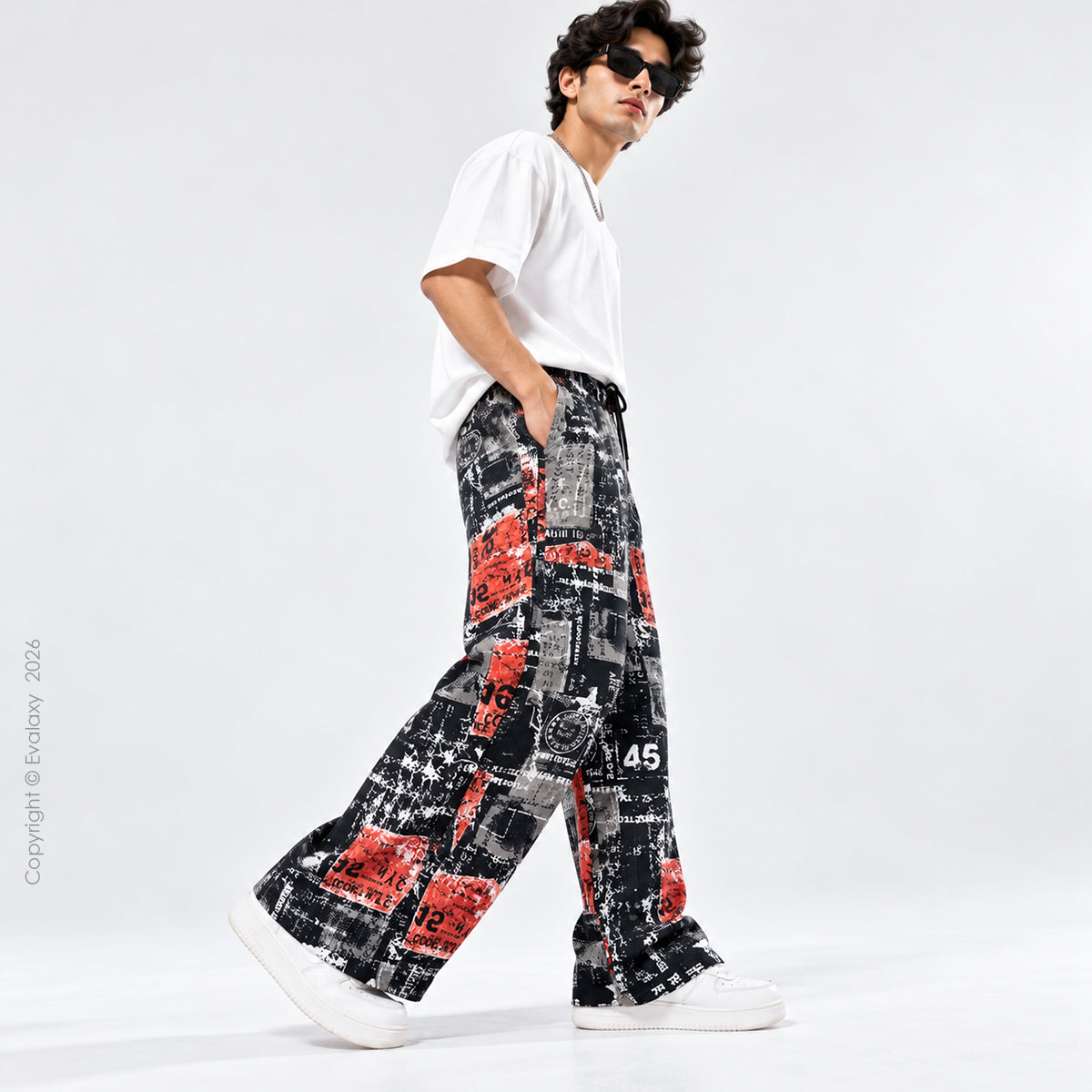 Black Red Graphic Print Wide Leg Pants For Men And Women