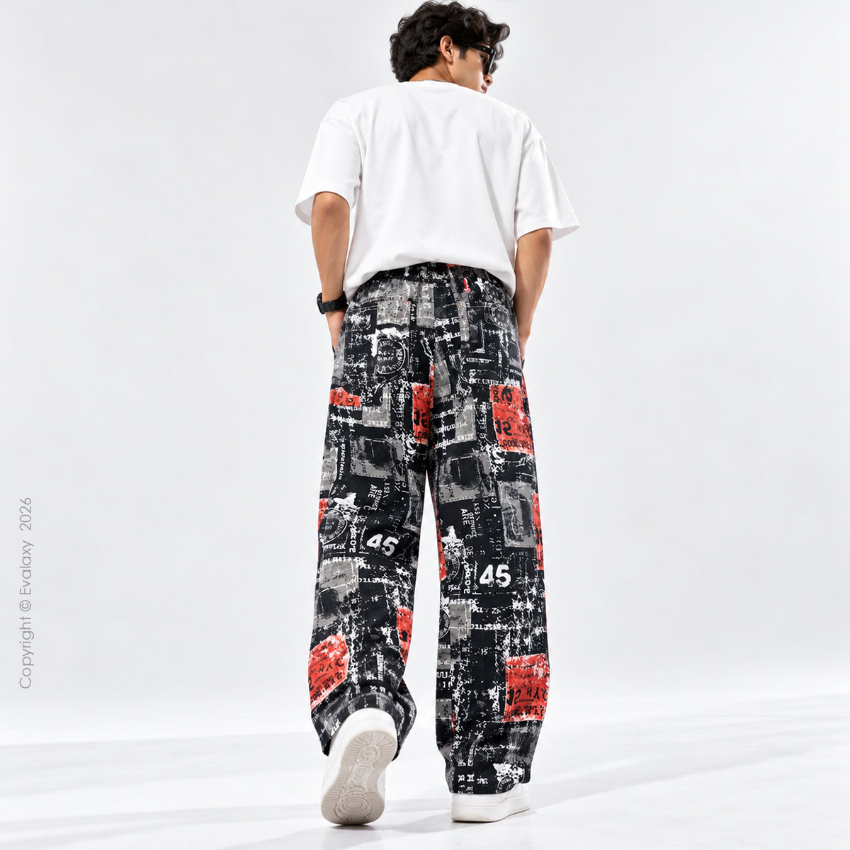Black Red Graphic Print Wide Leg Pants For Men And Women