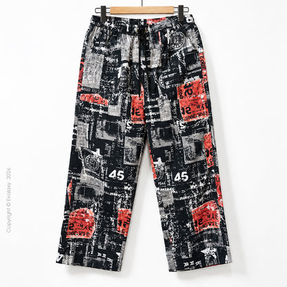 Black Red Graphic Print Wide Leg Pants For Men And Women