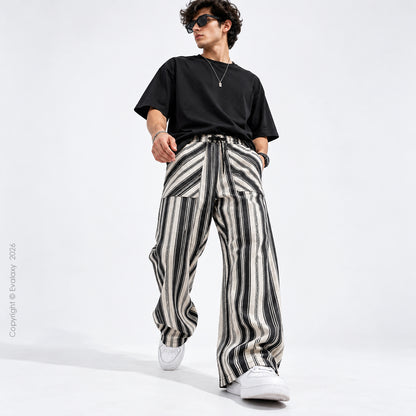 Monochrome Striped Wide-Leg Pants For Men And Women