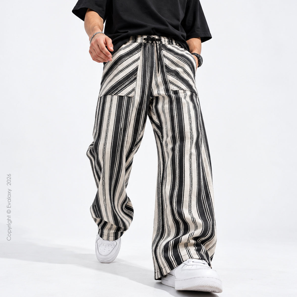 Monochrome Striped Wide-Leg Pants For Men And Women