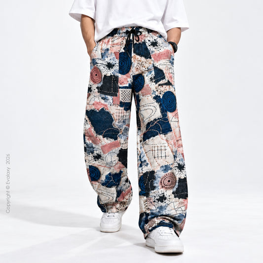 Abstract Patchwork Printed Wide-Leg Pants For Men And Women