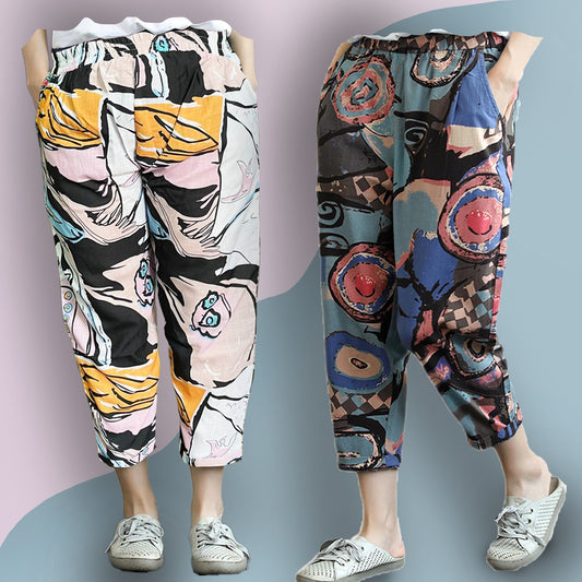 Vintage Abstract Circle & Random Graphic Capri Combo Pack For Womens & Girls(Pack Of 2 Pcs)