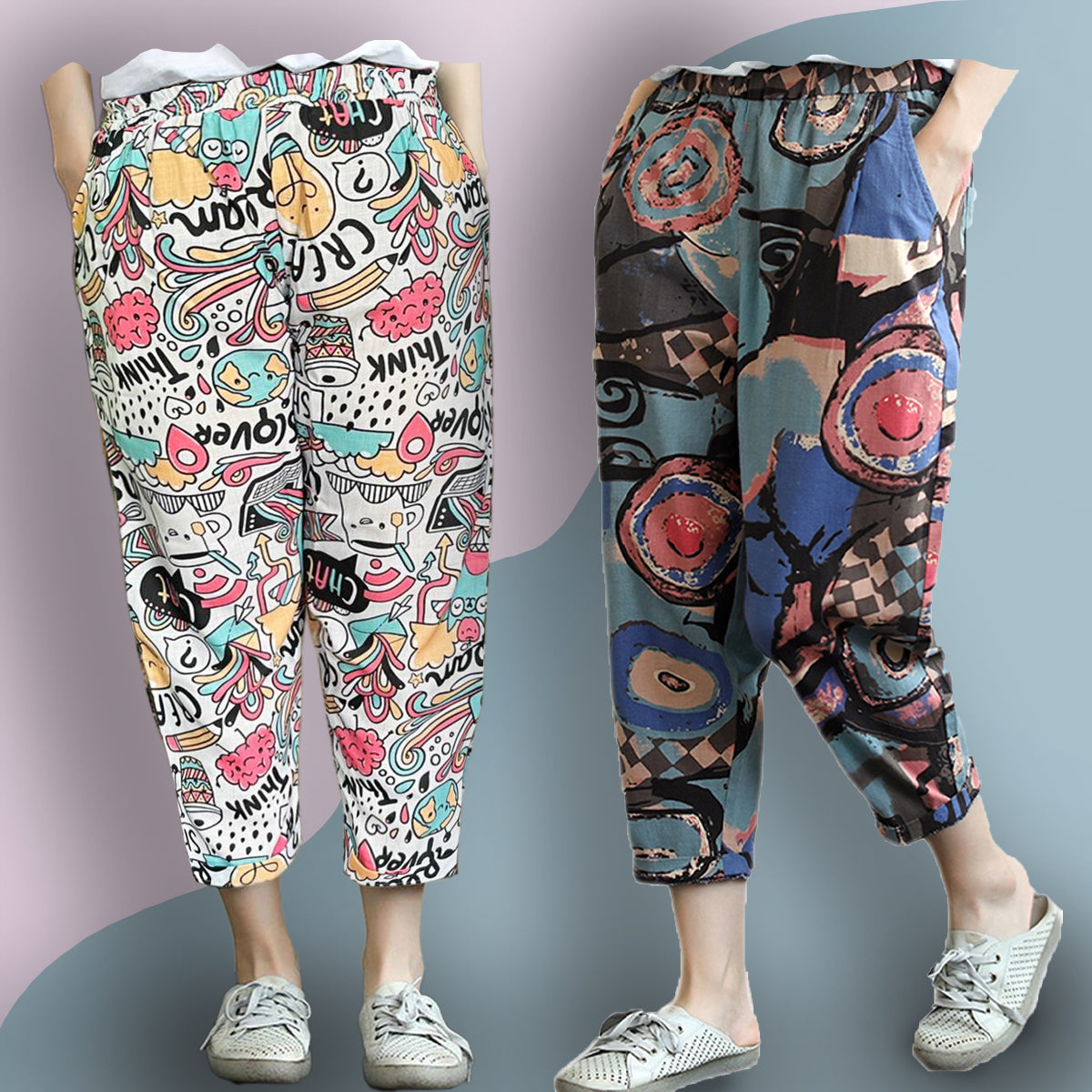 Vintage Abstract Circle & Text Chat Capri Combo Pack For Womens & Girls(Pack Of 2 Pcs)