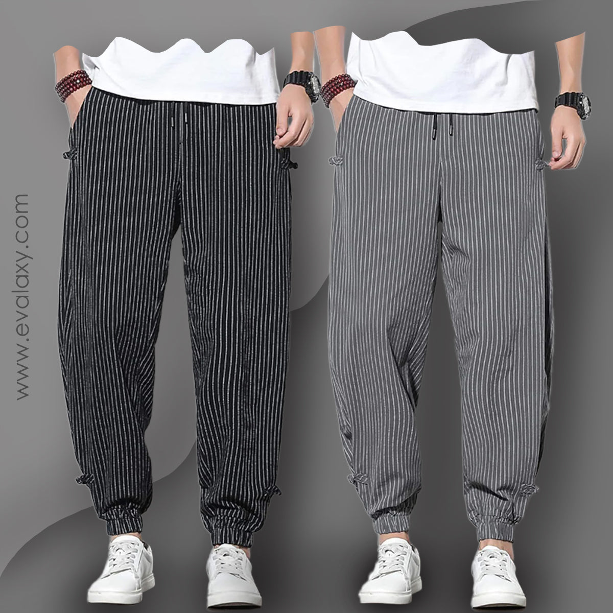 Men's Pants Loose Thin Black & Grey Striped Jogger Breathable Casual H ...