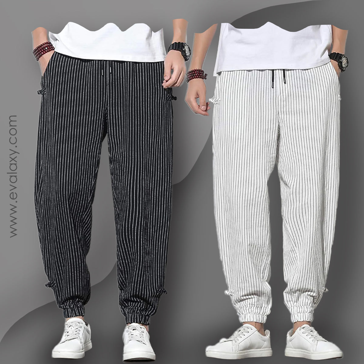 Men's Pants Loose Thin Black  & White Striped Jogger Breathable Casual Harem Combo (Pack of 2)