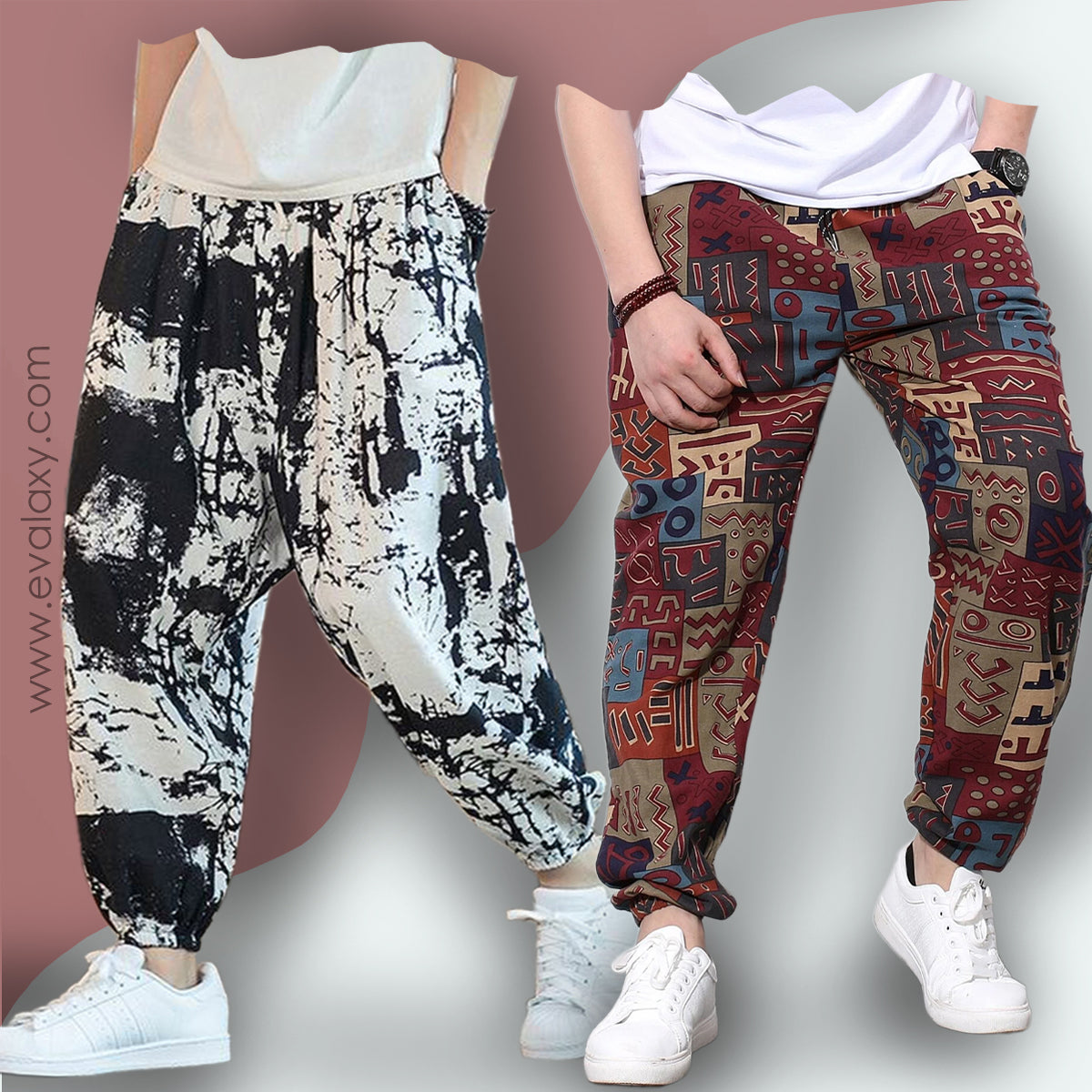 Loose Geomatric & Abstract Black n White Prints Jogger Breathable Casual For Men & WomenHarem Combo (Pack of 2)