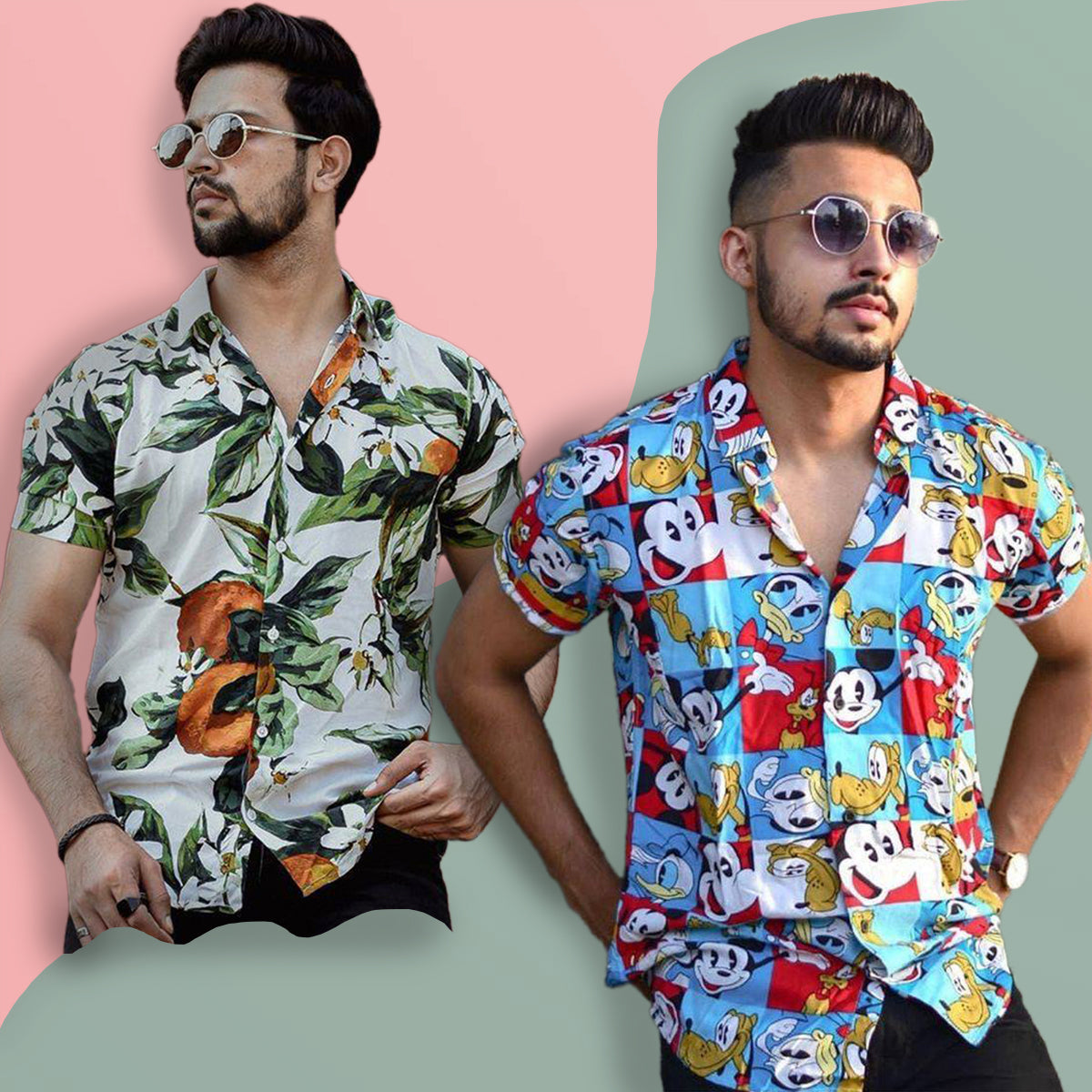 Men Random Green Chikoo Leafy & Mickey Mouse Graphic Print Shirts (Pack of 2 Pcs)