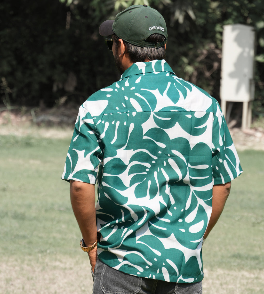 Men's Green Monstera Leaf Printed Oversized Shirt