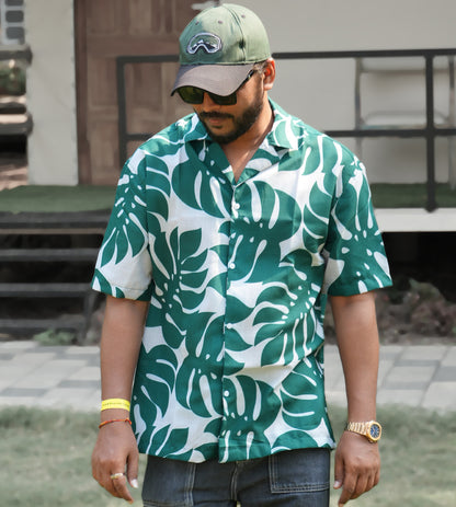 Men's Green Monstera Leaf Printed Oversized Shirt