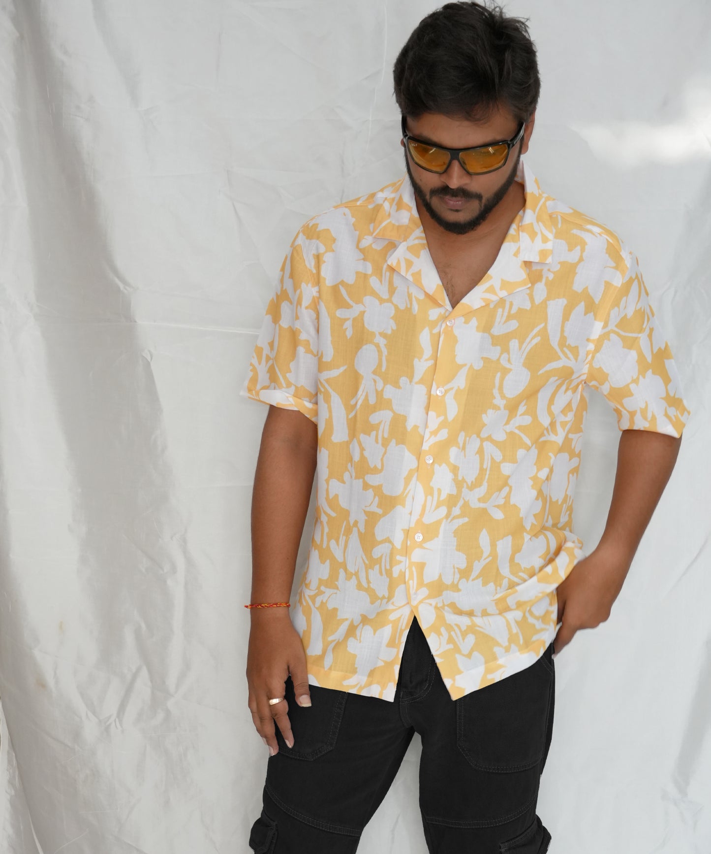 Men's Yellow Leafy All Over Printed Oversized Shirt