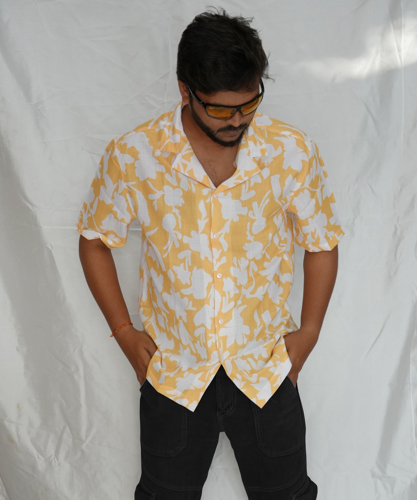 Men's Yellow Leafy All Over Printed Oversized Shirt