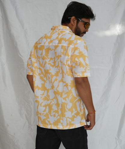 Men's Yellow Leafy All Over Printed Oversized Shirt