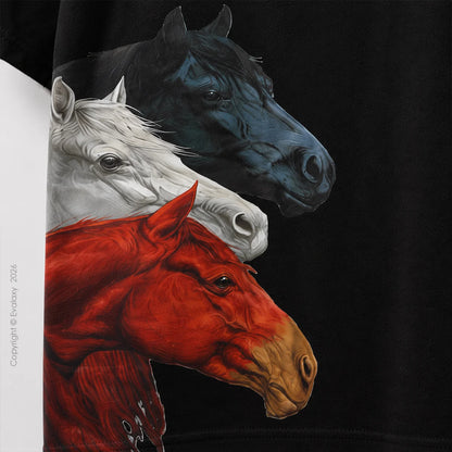 Black Triple Horse Graphic Oversized T-Shirt – 240 GSM Premium Cotton