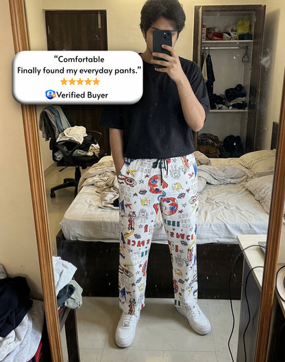 White Colorful Text  Straight Pants for Men & Women