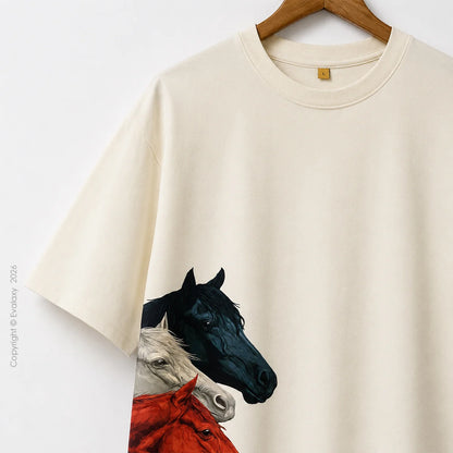Triple Horse Graphic OffWhite Oversized T-Shirt – 240 GSM Premium Cotton