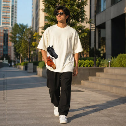 Triple Horse Graphic OffWhite Oversized T-Shirt – 240 GSM Premium Cotton