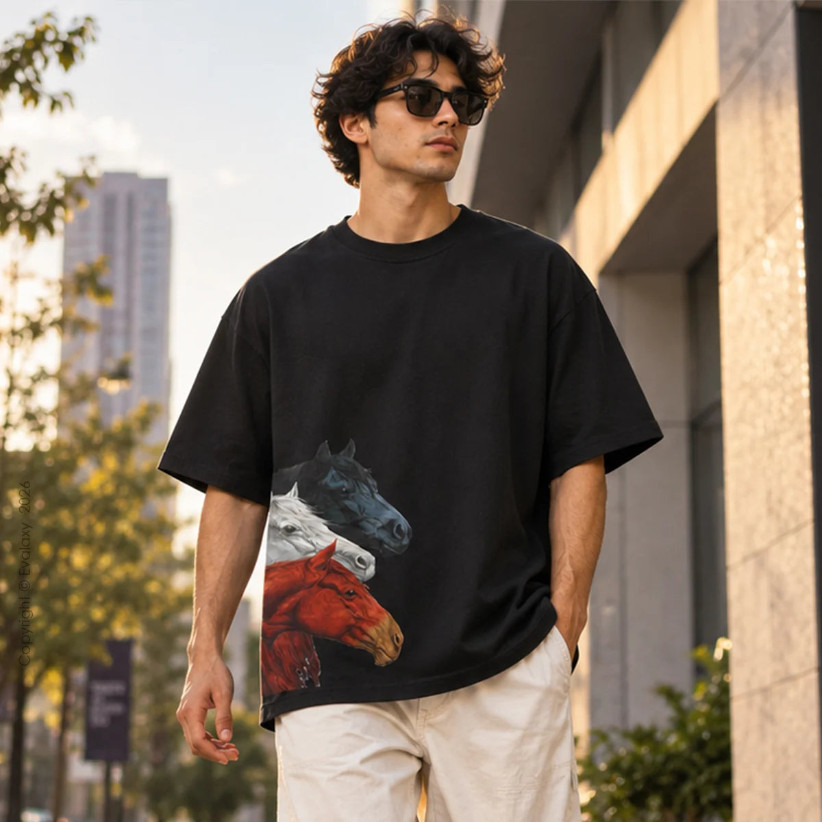 Black Triple Horse Graphic Oversized T-Shirt – 240 GSM Premium Cotton