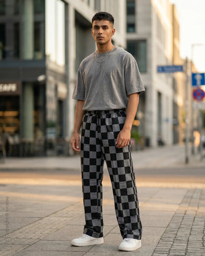 Black N Grey Checks Straight Pants for Men & Women