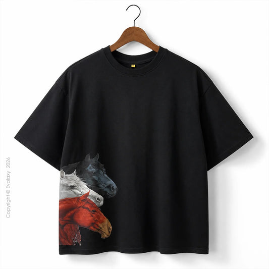 Black Triple Horse Graphic Oversized T-Shirt – 240 GSM Premium Cotton