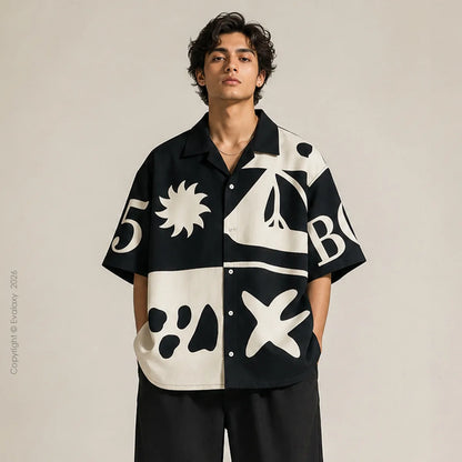 Bora Black Graphic Oversized Half Sleeve Shirt For Men & Women