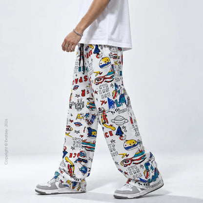 White Colorful Text  Straight Pants for Men & Women