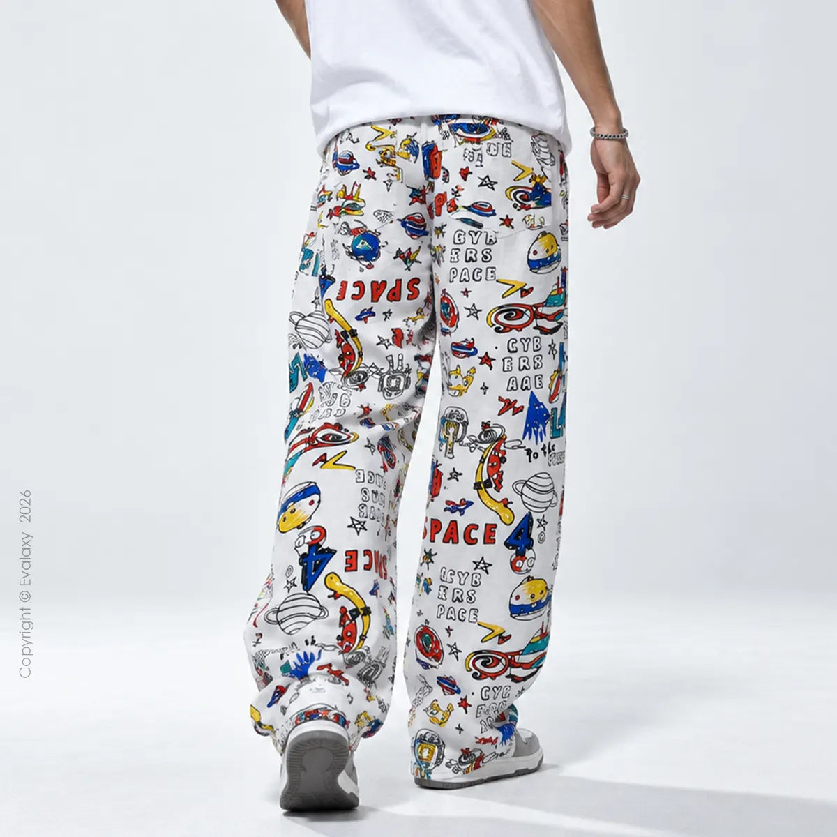 White Colorful Text  Straight Pants for Men & Women
