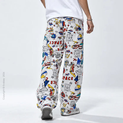 White Colorful Text  Straight Pants for Men & Women