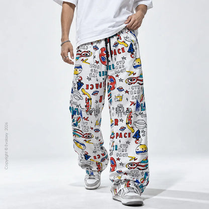 White Colorful Text  Straight Pants for Men & Women