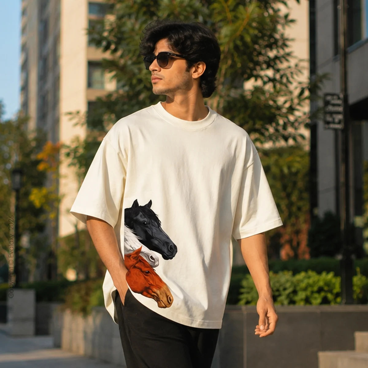 Triple Horse Graphic OffWhite Oversized T-Shirt – 240 GSM Premium Cotton