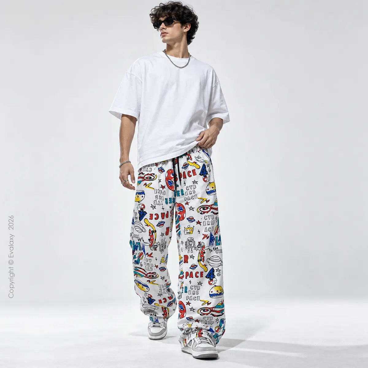 White Colorful Text  Straight Pants for Men & Women