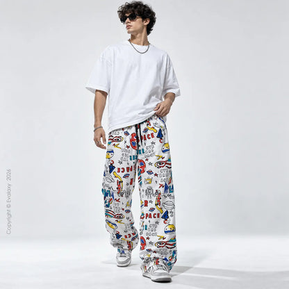 White Colorful Text  Straight Pants for Men & Women