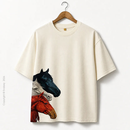 Triple Horse Graphic OffWhite Oversized T-Shirt – 240 GSM Premium Cotton