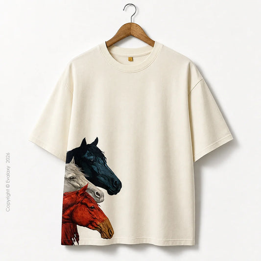 Triple Horse Graphic OffWhite Oversized T-Shirt – 240 GSM Premium Cotton
