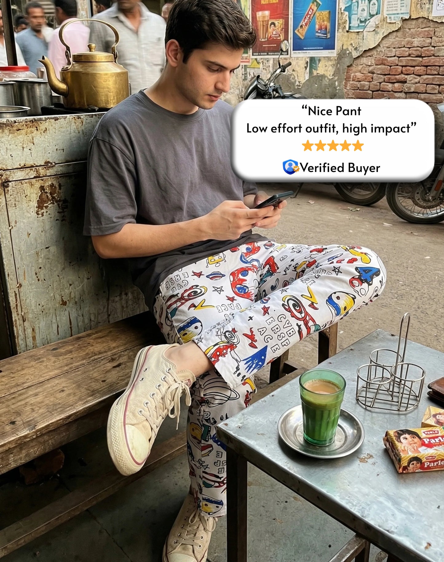 White Colorful Text  Straight Pants for Men & Women