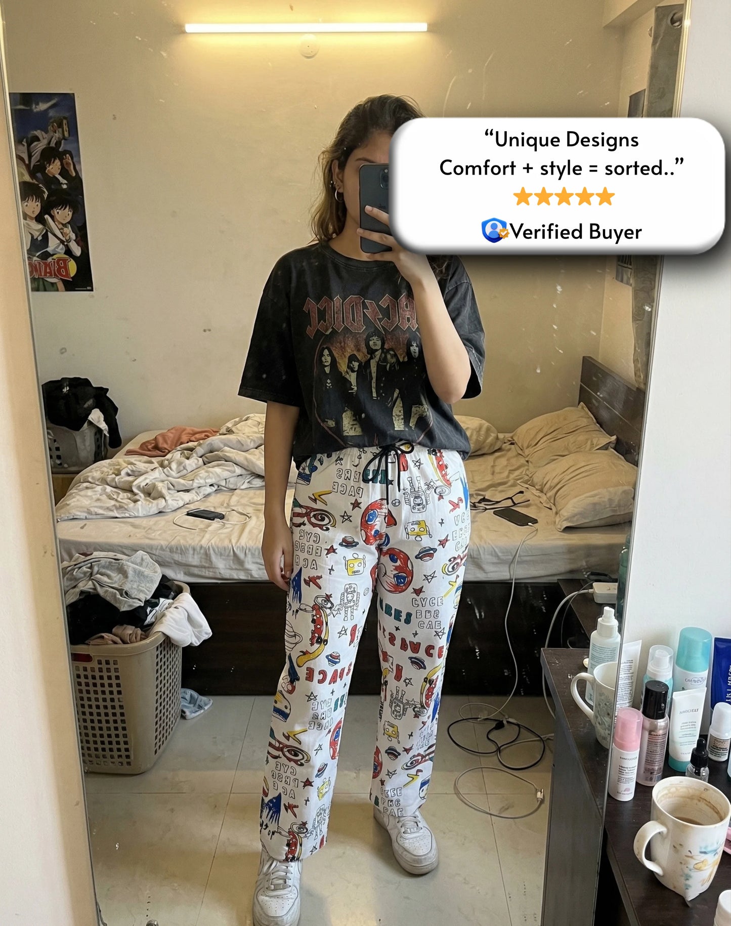 White Colorful Text  Straight Pants for Men & Women