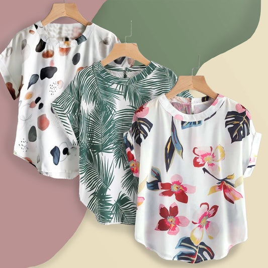 Stylish Coconut Leaf, White Floral & Water Drops Tops Combo For Women & Girls (Pack of 3)