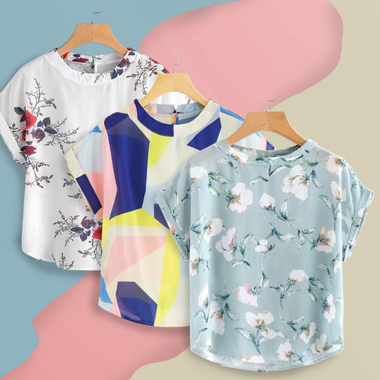 Stylish White Floral,Turquoise Floral & Abstract Blue Yellow Pink Tops Combo For Women & Girls (Pack of 3)