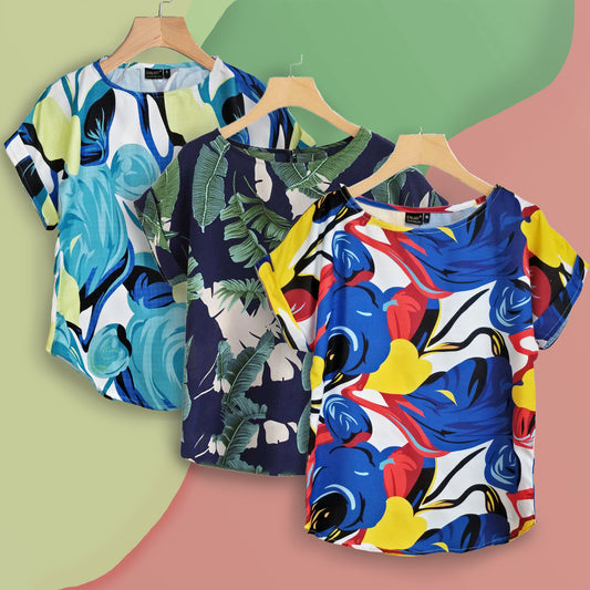 Stylish Turquoise ,Blue Yellow Eyes & Navy Banana Leaf Tops Combo For Women & Girls (Pack of 3)