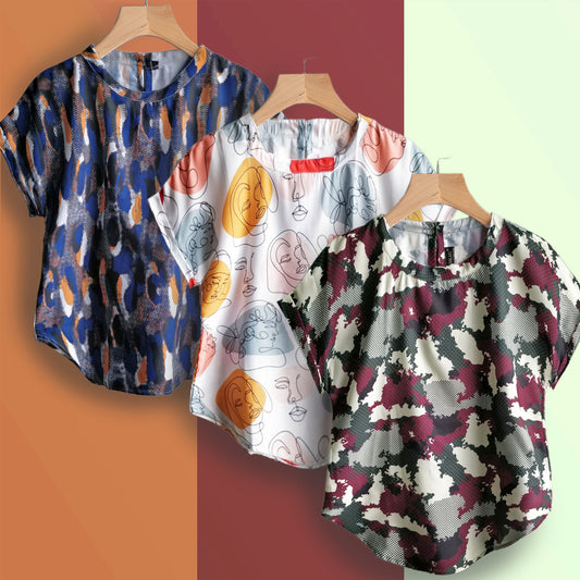 Stylish Abstract Faces,Camo & Abstract Blue Tops Combo For Women & Girls (Pack of 3)