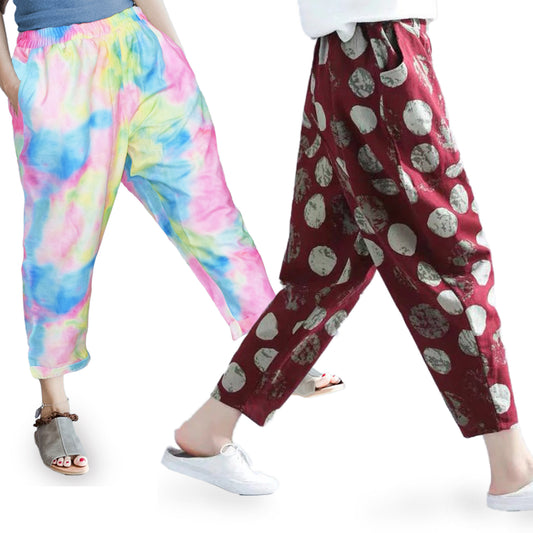 Vintage Tie Dye & Maroon Dots Pajama Capri Combo Pack For Womens & Girls(Pack Of 2 Pcs)