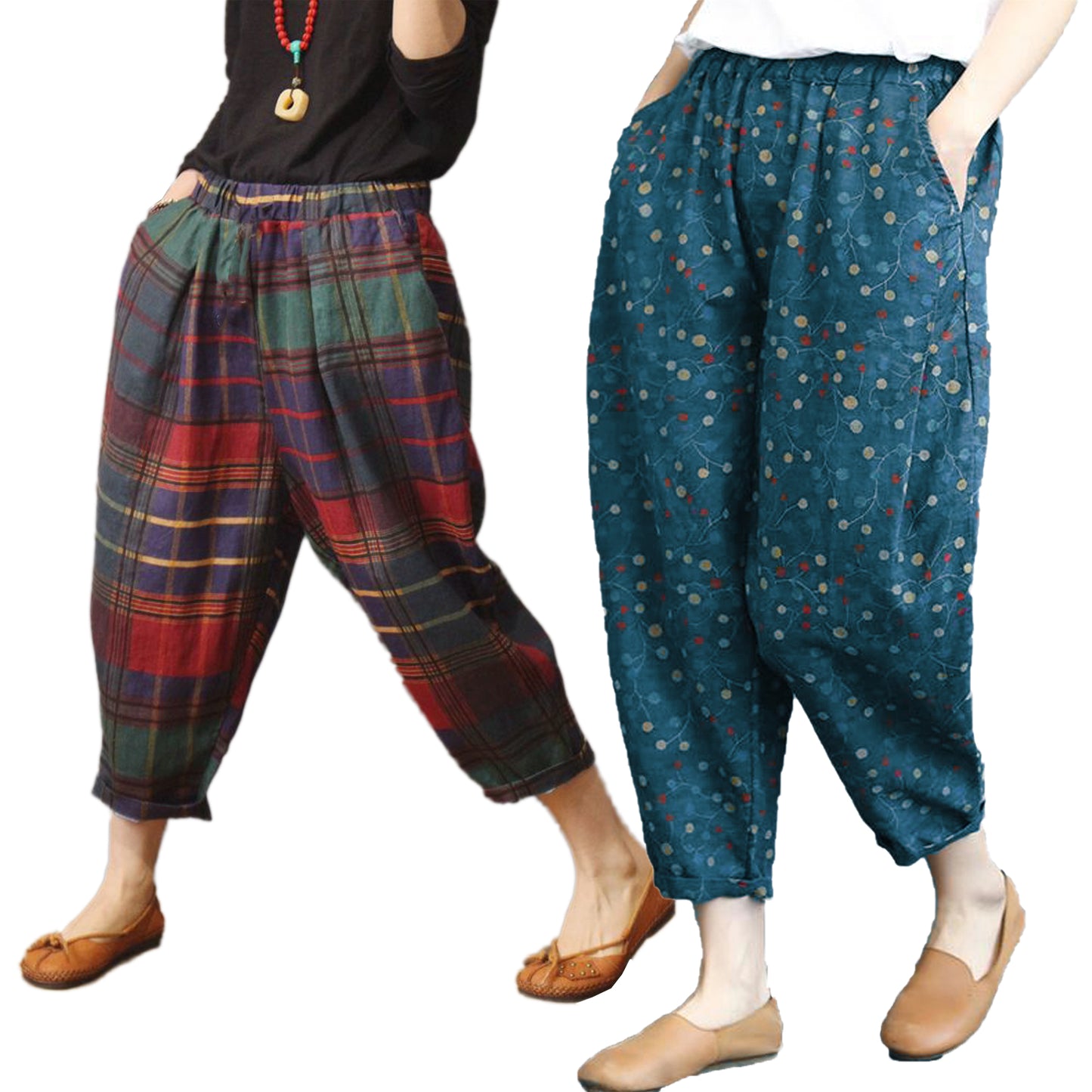Vintage SkyBlue Cherry & Green Checks Pajama Capri Combo Pack For Womens & Girls(Pack Of 2 Pcs)