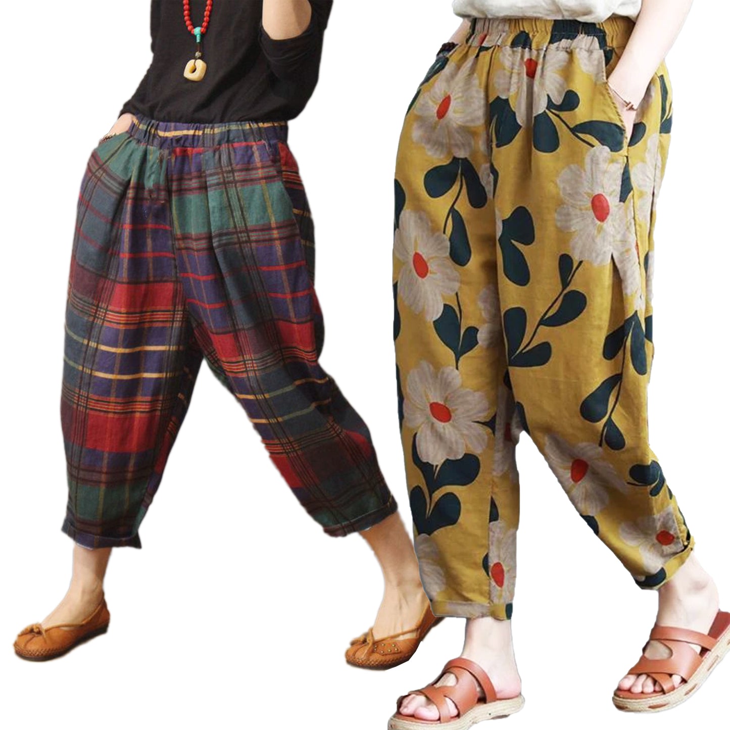 Vintage Green Checks & Yellow Floral Pajama Capri Combo Pack For Womens & Girls(Pack Of 2 Pcs)